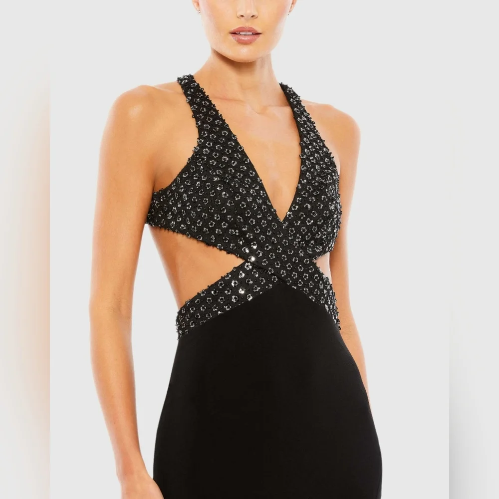 Mac Duggal Cut Out Criss Cross Black Beaded Dress Size 12. Style Code 68166. Nwt - Picture 2 of 9